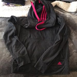 Dark gray adidas hoodie with fuchsia detailing